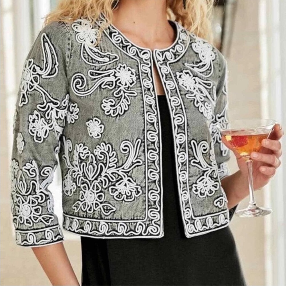 Soft Surroundings Wildwood Bolero Embroidered Jacket Acid Wash Gray White - Picture 4 of 11